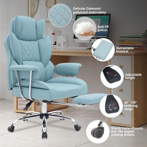 Executive Office Chair with Footrest, Ergonomic High Back Desk Chair with Lumbar Support, Reclining Leather Chair with Padded Armrest and Wheels for Home Office, Kahki in Saudi Arabia