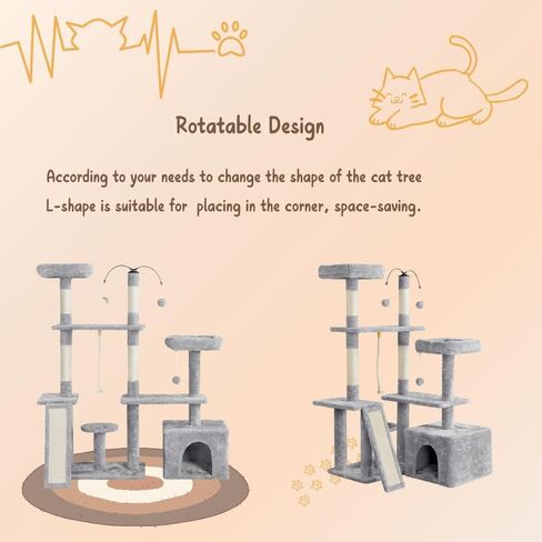 Yaheetech Trotatable Cat Tree 53.5in Tower متعدد المستويات للقطط الداخلية/القطط الكبيرة ، منزل الحيوانات الأليفة مع وظائف الخدش ، مركز تلعب الأثاث ، الرمادي الداكن in Saudi Arabia