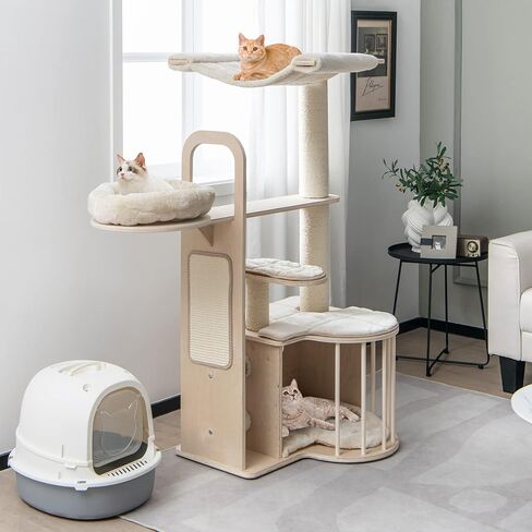 Tangkula Wood Cat Tree للقطط الداخلية ، مركز أنشطة برج القطط متعدد المستويات 55 بوصة مع أرجوحة ، شقة Cat ، وظائف خدش السيزال والوسائد القابلة للغسل ، منازل شجرة القط الحديثة للقطط الكبيرة in Kuwait