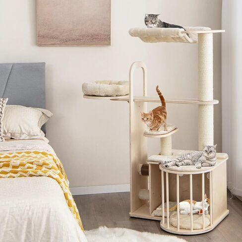 Tangkula Wood Cat Tree للقطط الداخلية ، مركز أنشطة برج القطط متعدد المستويات 55 بوصة مع أرجوحة ، شقة Cat ، وظائف خدش السيزال والوسائد القابلة للغسل ، منازل شجرة القط الحديثة للقطط الكبيرة in Kuwait