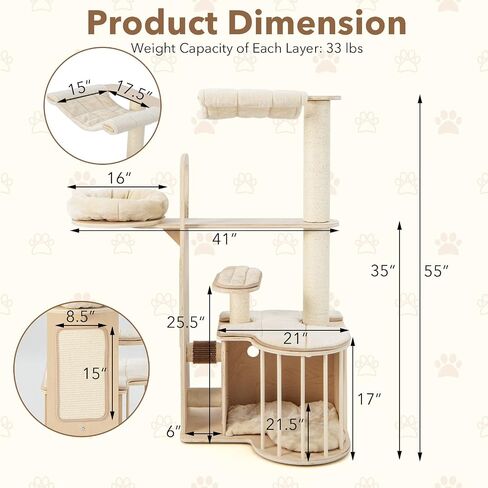 Tangkula Wood Cat Tree للقطط الداخلية ، مركز أنشطة برج القطط متعدد المستويات 55 بوصة مع أرجوحة ، شقة Cat ، وظائف خدش السيزال والوسائد القابلة للغسل ، منازل شجرة القط الحديثة للقطط الكبيرة in Kuwait