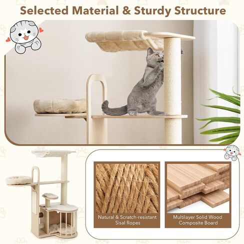 Tangkula Wood Cat Tree للقطط الداخلية ، مركز أنشطة برج القطط متعدد المستويات 55 بوصة مع أرجوحة ، شقة Cat ، وظائف خدش السيزال والوسائد القابلة للغسل ، منازل شجرة القط الحديثة للقطط الكبيرة in Kuwait