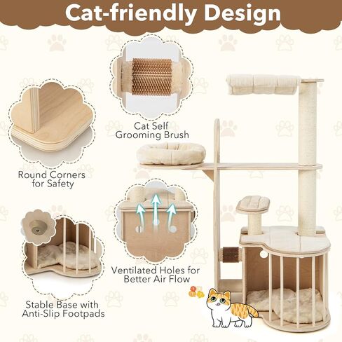 Tangkula Wood Cat Tree للقطط الداخلية ، مركز أنشطة برج القطط متعدد المستويات 55 بوصة مع أرجوحة ، شقة Cat ، وظائف خدش السيزال والوسائد القابلة للغسل ، منازل شجرة القط الحديثة للقطط الكبيرة in Kuwait
