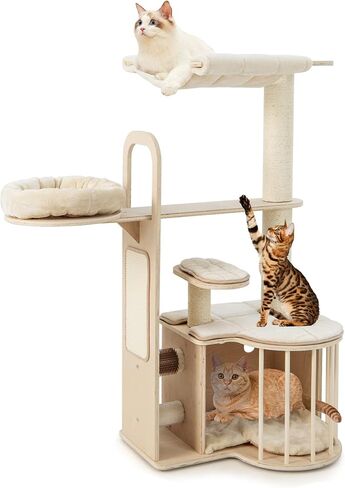 Tangkula Wood Cat Tree للقطط الداخلية ، مركز أنشطة برج القطط متعدد المستويات 55 بوصة مع أرجوحة ، شقة Cat ، وظائف خدش السيزال والوسائد القابلة للغسل ، منازل شجرة القط الحديثة للقطط الكبيرة in Kuwait