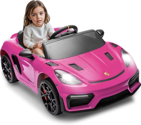 Licensed Porsche 718 12v Kids Electric Ride On Car with Parent Remote Control,Adjustable 2-5 Mph,LED Front&Tail Lights,Bluetooth Music Player,Soft Slow Start,Spring Suspension (Pink) in Saudi Arabia