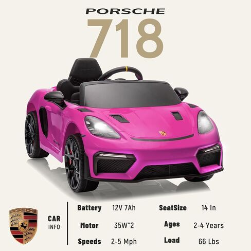 Licensed Porsche 718 12v Kids Electric Ride On Car with Parent Remote Control,Adjustable 2-5 Mph,LED Front&Tail Lights,Bluetooth Music Player,Soft Slow Start,Spring Suspension (Pink) in Saudi Arabia