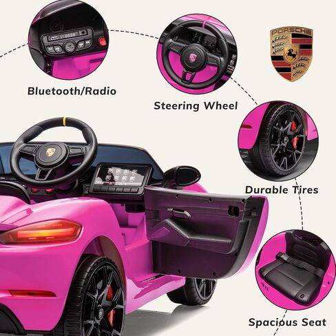 Licensed Porsche 718 12v Kids Electric Ride On Car with Parent Remote Control,Adjustable 2-5 Mph,LED Front&Tail Lights,Bluetooth Music Player,Soft Slow Start,Spring Suspension (Pink) in Saudi Arabia