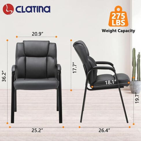 CLATINA Black Guest Chair with Arms, Office Reception Chairs for Conference and Waiting Room, Ergonomic Leather Visitor Desk Chair No Wheels Side Office Home Chairs in Kuwait