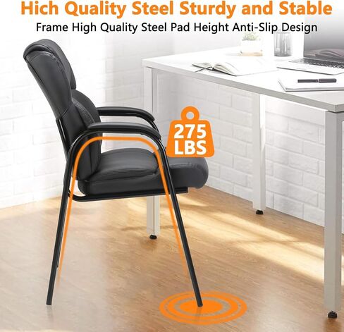 CLATINA Black Guest Chair with Arms, Office Reception Chairs for Conference and Waiting Room, Ergonomic Leather Visitor Desk Chair No Wheels Side Office Home Chairs in Kuwait