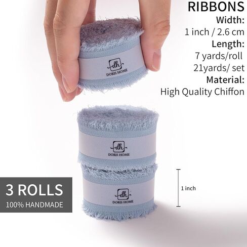 Doris Home Dusty Blue Chiffon Ribbon لباقة الزهور ، شريط النسيج 1 "x21YD للاختلاف الهدايا ، الشريط المصنوع يدويًا لدعوات الزفاف/زينة عيد الميلاد in Kuwait
