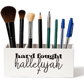 Hard Fought Hallelujah Christian Pen Pencil Holder for Desk, Religious Gifts for Women, Bible Scripture Toothbrush Makeup Brush Holder Organizer and Storage for Bathroom Vanity Accessories