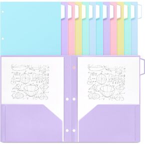Fuutreo 6 Pcs Plastic Pastel Folders Bulk with 2 Pockets and 3 Hole Punched with 1/3 Cut Tabs Fit Letter Size Paper with Colorful Labels for School Office Organizer Supplies