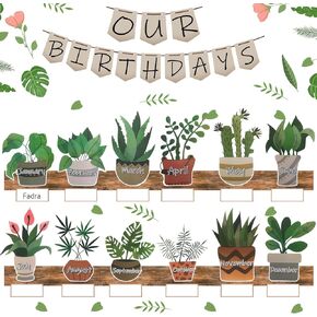 Thyle 104 Pcs Happy Birthday Bulletin Board Set Boho Plants Birthday Bulletin Board Classroom Wall Decoration Laminated Cutouts for Calendars Bulletin Board Rustic Boho Plant Themed Decor for Kids