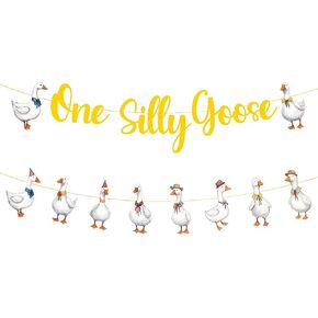 One Silly Goose Banner Decorations - 2 Pcs Funny Goose Birthday Banners Garland Decor 1st Birthday Party Decoration Supplies For Kids Girls Boys Fun Farm Animal Themed Party Decor
