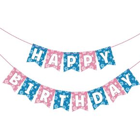 Blue Pink Hibiscus Cartoon Birthday Decorations Pre-strung Happy Birthday Banner for Blue Pink Alien Cartoon Hawaii Party Supplies