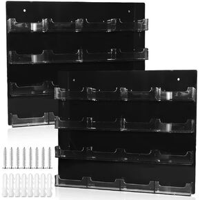 2 Pcs Acrylic Business Card Holder with Hanging Hardware Black transparent Acrylic 16 Pocket Business Vertical Organizer Wall Mount Sticker Display Rack Pre Drilled Organizing Stand for Office Home
