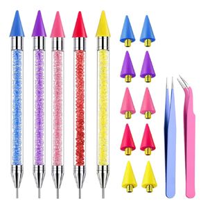 SILPECWEE Rhinestone Picker Dotting Tool, 5PCS Dual-ended Diamond Painting Pen with 10PCS Replacement Wax Head Tips, 2PCS Tweezers Wax Pencil Pick Up Jewels Gems Crystals Stud Nail Art Tools