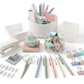 Kosiz Aesthetic Desk Organizers and Accessories Set 360-degree Rotating Pen Holder Desk Holder Morandi Pen Sticky Notes Stapler Binder/paper Clips Scissor Staples Aesthetic Accessories for Women Men