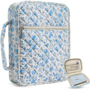 Large Bible Cover Case for Women, Large Floral Quilted Cotton Bible Carrying Cases Protective Bag with Handle and Zippered Pocket for Christian, Bible Study Supplies Christian Gifts (Blue Floral)