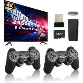 Retro Game Console, Wireless Retro Game Console, 24500+ Games Built-in, 4K HDMI Output, 9 Emulators, Dual 2.4GHz Wireless Game, Plug and Play Video TV Games, Deep Black(64G)