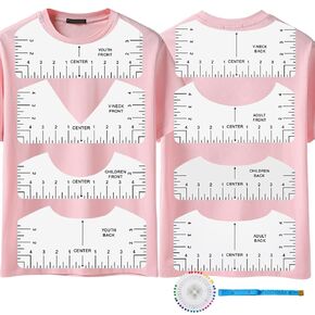 Tshirt Ruler Guide Vinyl Alignment, Transparent V-Neck/Round PVC Ruler for Alignment, Designs Pocket Logo, Fit for Heat Press, Alignment, Children Youth Adult, Front and Back Measurement