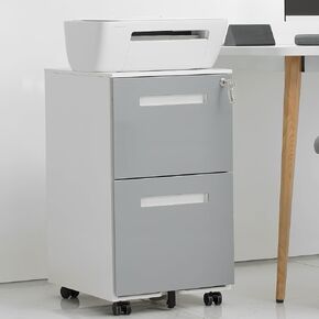 2 Drawer Mobile Locking File Cabinet with 5 Wheels for Letter and A4 Size, Grey Metal Design