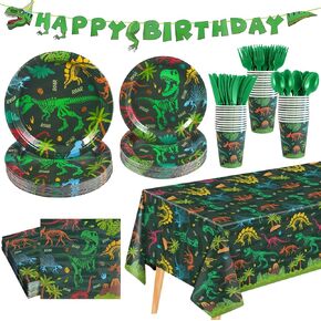 177 Pcs Dinosaur Birthday Party Supplies, 25 Guest Dinosaur Theme Tableware Set Includes Dino Plates, Cups, Napkins, Cutlery, Tablecloth, Banner, Dino Party Decorations for Boys Birthday