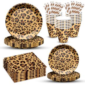 Cheetah Print Party Supplies Leopard Print Birthday Decorations Cheetah Plates and Napkins for Animal Leopard Theme Birthday Decorations Serves 20, 100 Pcs Disposable Party Dessert Dinnerwares