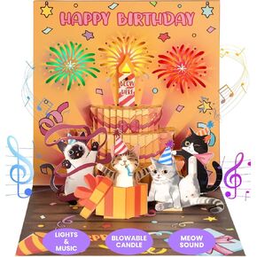 Meow Song Musical Birthday Card - DIY Age & Blowable Candle & Colorful Lights Birthday Pop Up Card 3D Cute Funny Cat, Surprise Gifts for Girl Boy Kids Women Cat Lover with Envelope Blank Note