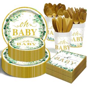 Sage Greenery Baby Shower Plates and Napkins Tableware Set - 175pcs Gender Neutral Baby Shower Decorations Oh Baby Party Supplies, Disposable Paper Plates Napkins for Baby Girl Boy Shower Decorations