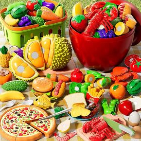Play Food Set for Kids, Toddler Learning Toys, Cutting Food Toy Color Sorting Set, Pretend Food Play Kitchen Accessories for Kids, Birthday Gifts for 3-8 Years old Boys Girls Educational Toys