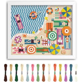 FREEBLOSS Flamingo Cross Stitch Kit Stamped Cross Stitch Wall Hanging Kit for Adults with Instructions On The Beach Pure Cotton Cloth Embroidery Kits for Beginnrs No Frame 16 * 20"