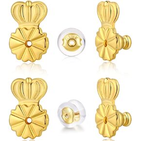 Earring Backs Replacements, FORMULEN Large Locking Earring Backs for Droopy Ears 4 PCS Durable Crown Shape Lifter & 2 PCS Silicone Backs for Heavy Earrings, Gold Color