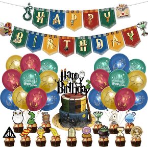 53 PCS Magical Wizard Decortings Party Party ، Decord Decord Decord ، تشمل شعار عيد ميلاد سعيد ، قبعات Toppers Cake ، Cupcake Topper ، بالونات للجماهير والأصدقاء (A02)