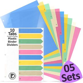 Plastic Binder Dividers 05 Pack - Index Paper, 10 Tabs Multicolor Notebook Dividers 3 Ring Binders for Home, School & Professional Use