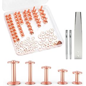 Funria 104PCS Copper Rivets for Leather 5 Size of Copper Rivets and Burrs Leather Rivets Kit with Setter Tool Rivets Fastener and Punch Leathercraft Supplies for Belts Wallets Collars DIY (50 Sets)