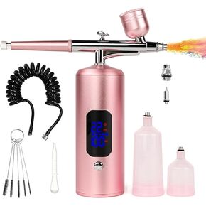 Cordless Rechargeable Airbrush Kit,Handheld Air Brush Sprayer Gun with Compressor Adjustable, LCD Screen, Air Hose Extension - Perfect for Barber,Nail Art,Cake Decor,Makeup,Model Painting