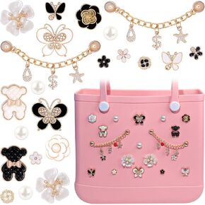Charms for Bogg Bag, Pearls Butterfly Flowers for Bogg Bag Accessories Charms, Gold Charm & Bling Pendant Chain Compatible with Simply Southern Beach Bags Tote, Insert for Rubber Beach Tote Handbag (22 Pcs)