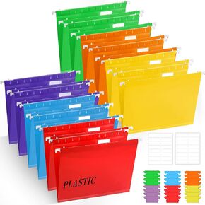 24 Pack Plastic Hanging File Folders, Letter Size Reinforced File Folders with 1/5 Cut Adjustable Tabs, Assorted Color Coded Organizers for Office Home File Cabinet Efficient Filing No Bending