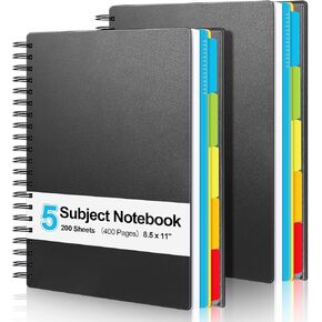 Yeaqee 2 Pack 5 Subject Notebook College Ruled 8.5 x 11, 400 Pages (200 Sheets) 5 Subject Spiral Notebook with Pocket Divider Large Spiral Note Book for School Office Supplies
