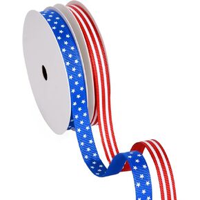 YAMA Patriotic Grosgrain Ribbon 3/8 Inch Total 20Yards, Red White and Blue Star and Striped Ribbon, 4th of July American Flag Ribbons for Gift Wrapping Memorial Independence Day