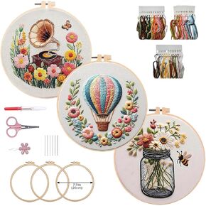 AEDNX 3 Pack Beginner Embroidery Kit DIY Cross Stitch Kit for Adults with Cute Flowers Patterns Includes 3 Embroidery Hoops Detailed Instructions Complete Accessories