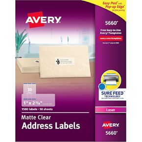 Avery 5660 Laser Labels, Address, 1-Inch x2-5/8-Inch, 1500/BX, Matte Clear