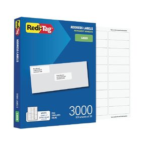 Redi-Tag Address Labels, Value Bulk Box, 3000 Blank (100 Sheets of 30), 1" x 2.625", for Laser Printers Only, Free Online Templates (1009572)