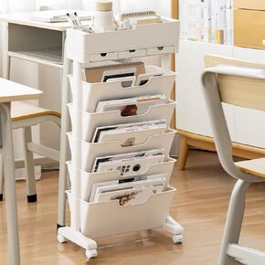 Movable Bookshelf Cart Rotatable and Detachable Plastic Multifunctional Roller Cart Tableside Bookshelf Desk Organizer with Wheels (White 40.4x20.5x77.8cm)