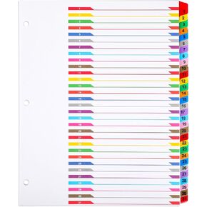 Chuangdi 1 Sets 3 Ring Binder Numbered Dividers with 1-31 Tab Month Dividers for 3 Ring Binders Customizable Table of Contents Page with Multicolor Tabs, Numbered 1-31