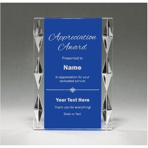 Custom Appreciation Award with Personalized Text Engraved Solid Acrylic Blue Diamond Business Awards