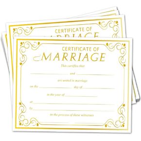 Gold Certificate of Marriage, 25 Blank Wedding Certificates for Ceremony Proposals, Marriage Certificate Paper for Official Couples Newlyweds, Expecting Proposals Supplies -A02