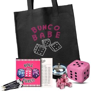 Bunco Babe Game Kit with Party Supplies for 12 Players - Tote Bag, Dice, Score Sheets, Pencils, Bell, and Plush Dice. All of The Bunco Party Supplies You Need