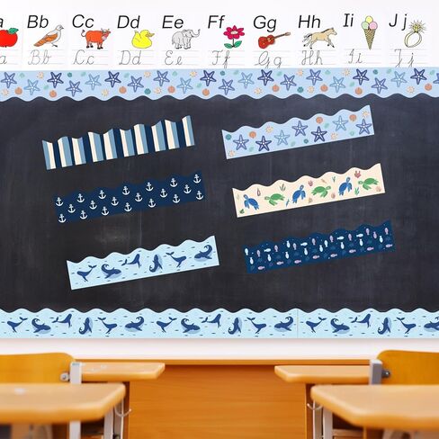 75Ft Ocean Bulletin Board Borders Summer Sea Themed Scalloped Trim Turtle Whale Fish Bulletin Borders Back to School Boho Classroom Home Office Chalkboard Wall Door Decorations for Summer Beach Pool in Kuwait